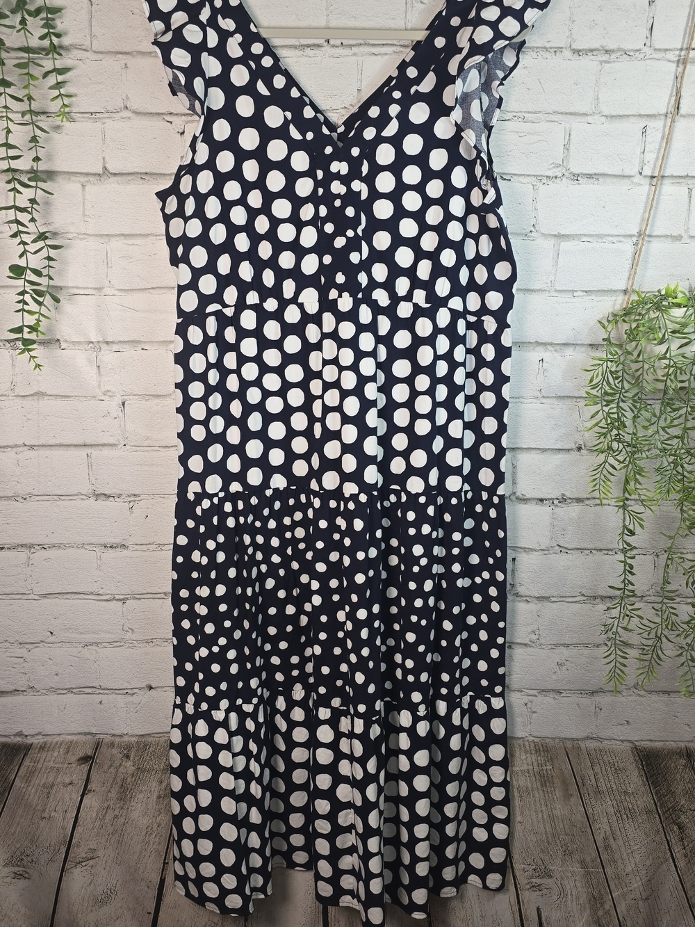 LOFT NAVY WHITE POLKA DOT TIERED RUFFLED DRESS V-NECK MIDI LENGTH NWT WOMENS L - Picture 8 of 11